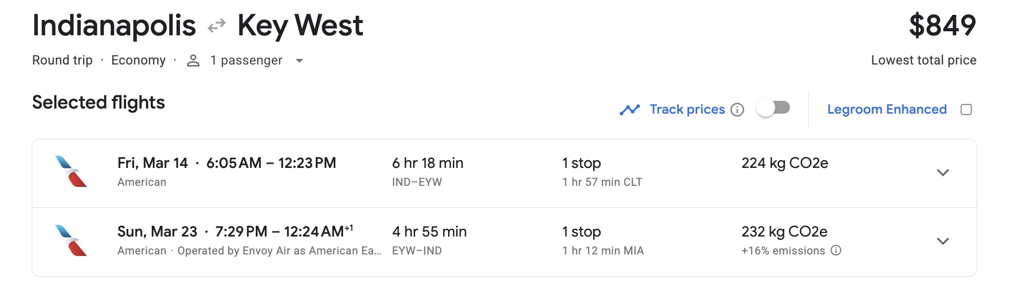 Indianapolis to Key West airfare on American Airlines for $849. 
